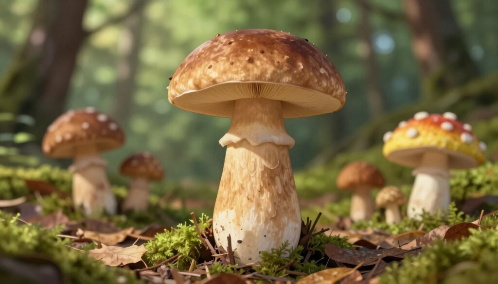 A detailed illustration of a "koźlarz babka" mushroom, showcasing its distinctive features like the velvety, brownish cap, pale yellow stem, and slight bulbous base. The setting includes a lush, sun-dappled forest floor, adorned with fallen leaves and moss. In the foreground, emphasize the mushroom's texture and coloration, while in the middle ground, include similar mushrooms for comparison, possibly featuring a toxic lookalike mushroom with a brighter color for differentiation. The background should depict a blurred, verdant forest to create depth. Use soft, natural lighting to enhance the earthy tones and create a serene, educational atmosphere. The composition should focus on the identification of the mushroom, conveying a sense of caution and awareness in foraging. A detailed illustration of a "koźlarz babka" mushroom, showcasing its distinctive features like the velvety, brownish cap, pale yellow stem, and slight bulbous base. The setting includes a lush, sun-dappled forest floor, adorned with fallen leaves and moss. In the foreground, emphasize the mushroom's texture and coloration, while in the middle ground, include similar mushrooms for comparison, possibly featuring a toxic lookalike mushroom with a brighter color for differentiation. The background should depict a blurred, verdant forest to create depth. Use soft, natural lighting to enhance the earthy tones and create a serene, educational atmosphere. The composition should focus on the identification of the mushroom, conveying a sense of caution and awareness in foraging.