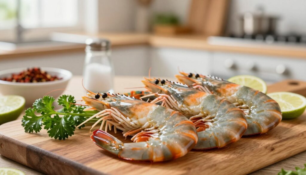 A detailed image of fresh tiger prawns, vividly showcasing their unique striped pattern and natural colors of orange and gray. In the foreground, the prawns are arranged on a rustic wooden cutting board, glistening with freshness and surrounded by fresh herbs like parsley and lime slices for a pop of color. In the middle ground, a bowl of spices and a small container of salt hint at the cooking process about to begin. The background is softly blurred, featuring a warm kitchen setting with hints of cooking utensils and a light source from a nearby window, creating a welcoming atmosphere. The lighting is bright yet soft, highlighting the sheen of the prawns and enhancing the overall freshness of the ingredients. The mood is inviting, emphasizing the preparation for a delightful seafood dish.