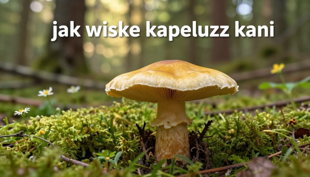 A detailed, realistic depiction of a “jak wygląda kapelusz kani” (the cap of the edible mushroom Cantharellus cibarius) in a natural woodland setting. In the foreground, showcase the mushroom's distinctive features: broad, slightly wavy cap, pale yellow to golden color with a velvety texture, and a more pronounced rim. Surround it with lush green moss and small wildflowers for a natural context. In the middle ground, illustrate a blurred background of soft-focus trees and sunlight filtering through, creating dappled light effects on the forest floor. Use warm, natural lighting to evoke a serene and inviting mood. Capture the image from a low angle to emphasize the mushroom’s presence against the vibrant forest backdrop, enhancing the viewer's connection to nature. A detailed, realistic depiction of a “jak wygląda kapelusz kani” (the cap of the edible mushroom Cantharellus cibarius) in a natural woodland setting. In the foreground, showcase the mushroom's distinctive features: broad, slightly wavy cap, pale yellow to golden color with a velvety texture, and a more pronounced rim. Surround it with lush green moss and small wildflowers for a natural context. In the middle ground, illustrate a blurred background of soft-focus trees and sunlight filtering through, creating dappled light effects on the forest floor. Use warm, natural lighting to evoke a serene and inviting mood. Capture the image from a low angle to emphasize the mushroom’s presence against the vibrant forest backdrop, enhancing the viewer's connection to nature.