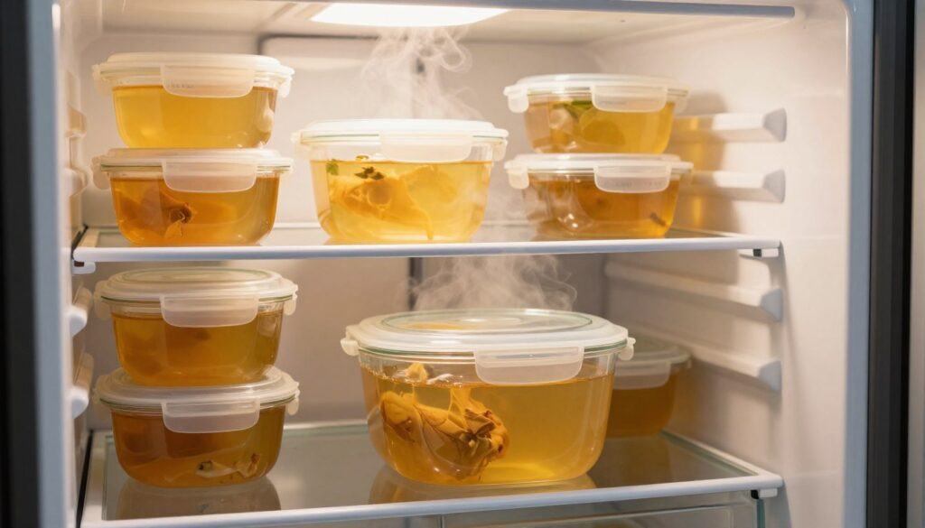 A freezer filled with portions of rich, golden chicken broth in clear, stackable containers, showcasing various sizes neatly organized on the shelves. In the foreground, a glass container with a well-sealed lid reveals a warm tantalizing steam rising, hinting at the freshness inside. The middle ground displays more containers labeled with different preparation dates, enhancing a sense of organization. The background shows a well-lit kitchen scene, with soft ambient lighting creating a warm and inviting atmosphere. The freezer door is slightly ajar, allowing a glimpse of a well-maintained interior. The overall mood conveys practicality and comfort, illustrating how to safely store broth for future enjoyment.