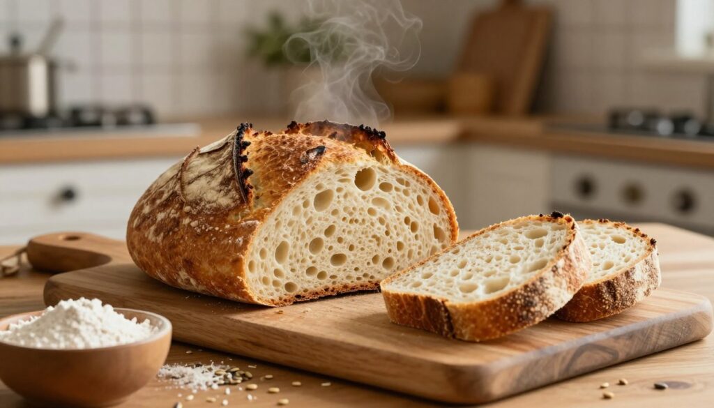 A freshly baked gluten-free sourdough loaf, beautifully crusty and golden on the outside with a hint of shine from steam. The loaf sits on a rustic wooden cutting board, with a few slices cut to showcase its soft, airy interior studded with bubbles. In the foreground, a small bowl of gluten-free flour and scattered seeds add a touch of authenticity. The middle ground features a cozy kitchen setup, with warm ambient lighting illuminating the scene, creating an inviting atmosphere. Soft, earthy colors dominate the palette, with a blurred view of herbs and kitchen utensils in the background to suggest a homey, artisanal environment. The overall mood is warm and comforting, embodying the essence of homemade gluten-free baking.
