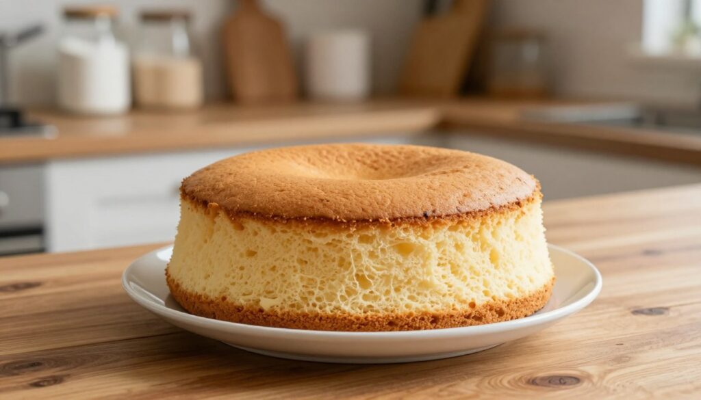A freshly baked, golden-brown sponge cake, or "biszkopt," resting on a rustic wooden countertop. The cake is placed on a clean, white ceramic plate, showcasing its soft texture and airy layers. In the background, a well-organized kitchen shelf with baking ingredients such as flour and sugar is slightly blurred, creating depth. Soft, natural light illuminates the scene, highlighting the cake's delicate crumb and inviting appearance, with a warm atmosphere that suggests comfort and home. The angle is slightly above the cake, allowing for a clear view of its perfectly dome-shaped top. No text or additional elements are present in the image, creating a serene, unembellished focus on the biszkopt. A freshly baked, golden-brown sponge cake, or "biszkopt," resting on a rustic wooden countertop. The cake is placed on a clean, white ceramic plate, showcasing its soft texture and airy layers. In the background, a well-organized kitchen shelf with baking ingredients such as flour and sugar is slightly blurred, creating depth. Soft, natural light illuminates the scene, highlighting the cake's delicate crumb and inviting appearance, with a warm atmosphere that suggests comfort and home. The angle is slightly above the cake, allowing for a clear view of its perfectly dome-shaped top. No text or additional elements are present in the image, creating a serene, unembellished focus on the biszkopt.
