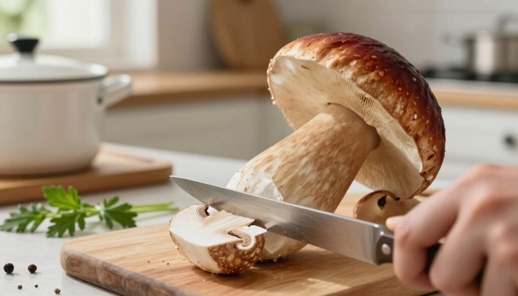 A freshly harvested Ceglasta porcini mushroom (Borowik ceglastopory) on a wooden cutting board, showing its distinctive reddish-brown cap and creamy white stem detailed with a light mottling pattern. In the foreground, a hand holding a knife gently slices through the mushroom, revealing its tender, creamy flesh. In the middle, a small kitchen setup with pots, herbs, and spices, creating an inviting atmosphere for cooking. The background features a softly lit kitchen, with warm natural lighting filtering through a window, highlighting the mushroom's texture and colors. Focus on a close-up view to emphasize the safety of its preparation, illustrating a hygienic cooking experience. The scene conveys a warm, homey feeling perfect for food enthusiasts.