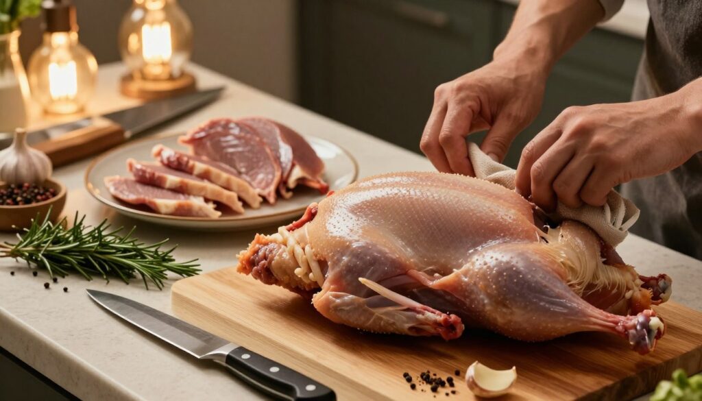 A kitchen countertop scene focused on preparing a goose for roasting, showcasing the meticulous process. In the foreground, a whole raw goose is laid on a wooden cutting board, with its skin glistening and feathers carefully removed. A sharp knife and kitchen utensils are positioned nearby, reflecting a sense of readiness. In the middle, slices of goose are neatly arranged, highlighting the portioning technique, with some pieces resting on a plate and others being cleaned with a cloth. Fresh herbs and spices, such as rosemary and garlic, surround the preparations, adding color and aroma. The background features warm, ambient lighting from overhead kitchen bulbs, creating a cozy, inviting atmosphere. The composition captures the intricate details and care taken during the preparation, emphasizing craftsmanship in the art of cooking. A kitchen countertop scene focused on preparing a goose for roasting, showcasing the meticulous process. In the foreground, a whole raw goose is laid on a wooden cutting board, with its skin glistening and feathers carefully removed. A sharp knife and kitchen utensils are positioned nearby, reflecting a sense of readiness. In the middle, slices of goose are neatly arranged, highlighting the portioning technique, with some pieces resting on a plate and others being cleaned with a cloth. Fresh herbs and spices, such as rosemary and garlic, surround the preparations, adding color and aroma. The background features warm, ambient lighting from overhead kitchen bulbs, creating a cozy, inviting atmosphere. The composition captures the intricate details and care taken during the preparation, emphasizing craftsmanship in the art of cooking.