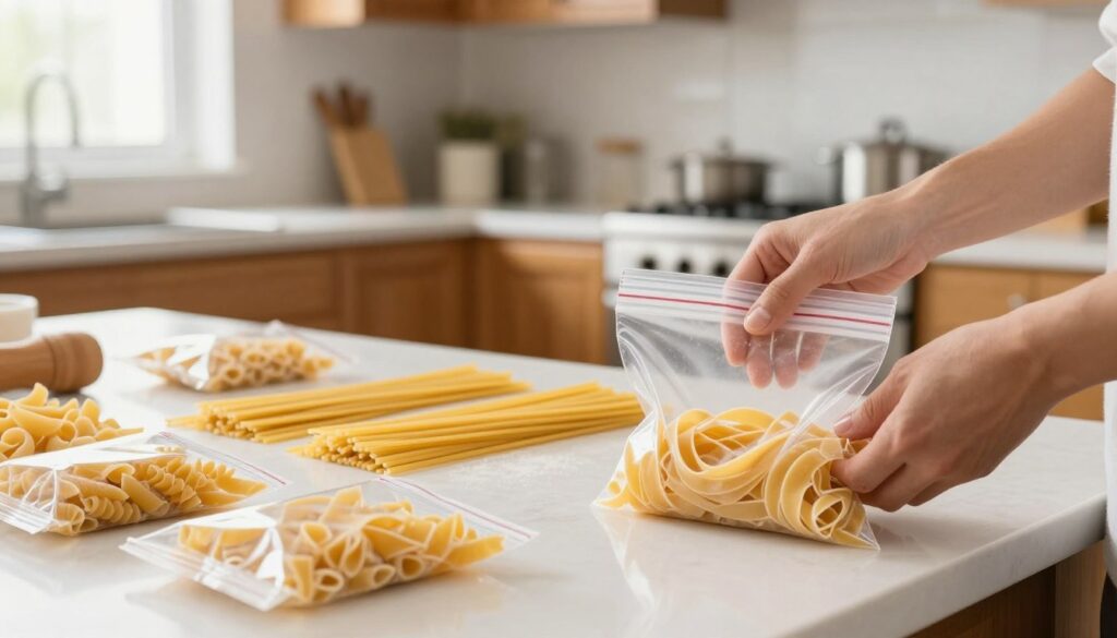 A kitchen scene featuring a clean and organized countertop, showcasing a batch of freshly cooked pasta being placed into clear, labeled freezer bags, ready for freezing. The foreground includes a pair of hands carefully portioning the pasta into the bags, ensuring no overlap to prevent sticking. In the middle, there are various kinds of pasta: spaghetti, penne, and fusilli, each neatly arranged. The background comprises a well-lit kitchen with soft, natural light filtering through a window, highlighting the warmth of the wooden cabinets and stainless steel appliances. The atmosphere is clean and inviting, conveying a sense of preparation and care for food storage. The image should focus on clarity and organization, with a depth of field that softly blurs the kitchen background to emphasize the pasta.