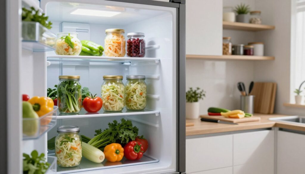 A modern kitchen interior featuring a large, open refrigerator stocked with colorful jars of sauerkraut, fresh vegetables, and herbs. In the foreground, a bright, crisp light illuminates the interior of the fridge, highlighting the texture and vibrancy of the sauerkraut in glass jars. The middle ground includes a clean countertop with a cutting board, knife, and other kitchen utensils, suggesting preparation and organization. The background features soft, blurred shelves filled with various other food items, creating a homely yet tidy atmosphere. The mood is inviting and fresh, emphasizing the importance of proper food storage and the simplicity of using a refrigerator in maintaining flavor and crunchiness. The angle of the shot is slightly low, capturing the open refrigerator door and the inviting contents within.