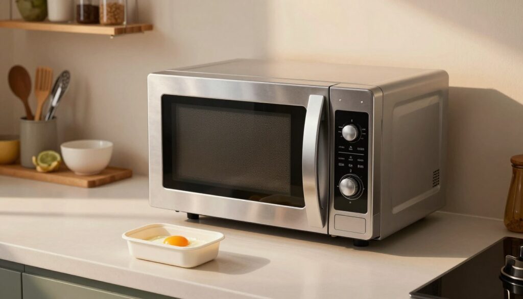 A modern kitchen scene featuring a sleek, stainless steel microwave prominently placed on a clean countertop. In the foreground, a perfectly cooked egg resting in a microwave-safe container, highlighting the innovative technique to cook without mess. The kitchen has warm, inviting lighting casting soft glows on the surfaces, emphasizing cleanliness and organization. In the background, minimalist shelves display neatly arranged utensils and ingredients, creating a sense of order. The angle is slightly above eye-level, providing a clear view of the microwave and ensuring the focus remains on the cooking process. The atmosphere feels calm and efficient, suggesting a stress-free cooking experience without any splatters or cleaning overhead.