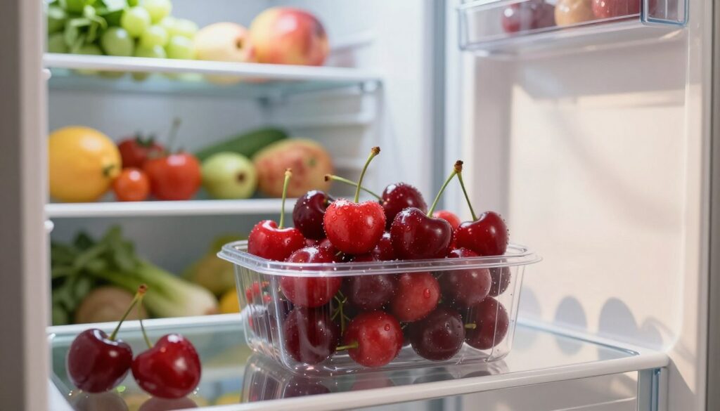 A modern kitchen scene featuring an open refrigerator filled with fresh, shiny cherries stored in a clear container. In the foreground, the focus is on the vibrant red cherries, glistening with moisture, showcasing their plumpness and freshness. The middle ground includes neatly arranged shelves of the refrigerator, highlighting other fresh fruits and vegetables, emphasizing an organized and appealing food storage environment. The background is softly blurred, suggesting a warm, inviting kitchen with natural light spilling in from a nearby window, casting gentle shadows. A serene atmosphere conveys the importance of preserving fruit freshness. The image is captured with a shallow depth of field, emphasizing the cherries while softly blurring the background, evoking a sense of home and care in food storage.