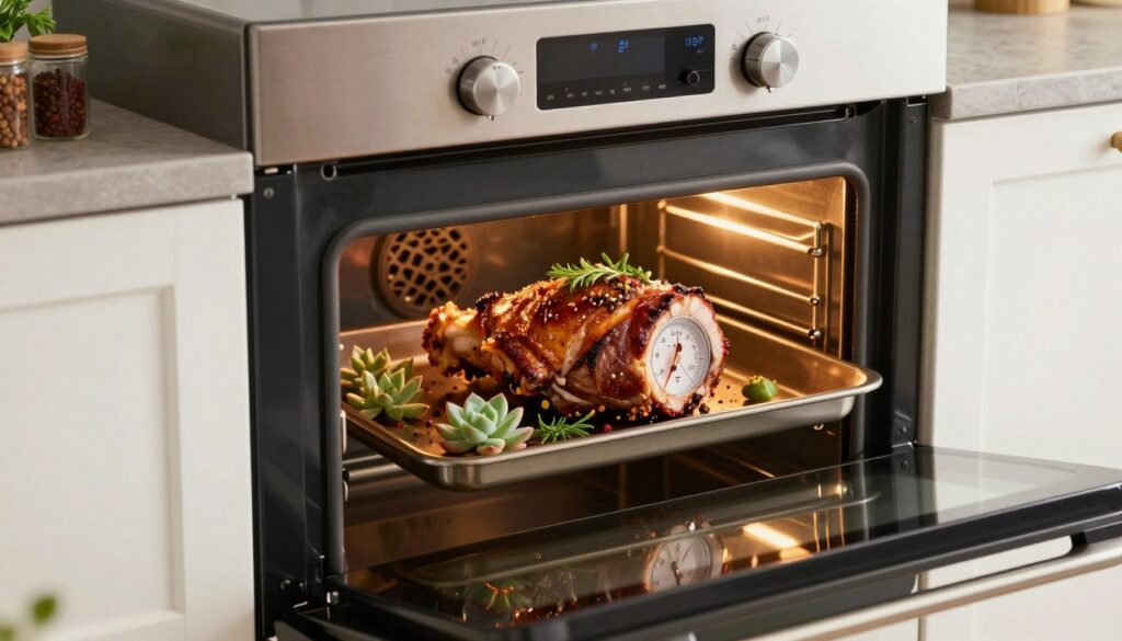 A modern kitchen with an elegant built-in oven, showcasing a succulent pork loin roasting inside. The foreground features a glistening oven thermometer, indicating the perfect temperature. In the middle ground, the oven door is slightly ajar, revealing the beautifully browned exterior of the pork, garnished with aromatic herbs and spices. Soft, warm light emanates from the oven, casting a golden glow on the pork and creating a cozy atmosphere. In the background, there are subtle kitchen elements like spices on a countertop and fresh herbs in pots, enhancing the culinary essence. The scene captures the anticipation of perfectly baked pork, inviting viewers to imagine the delicious flavors and aromas. The perspective is slightly elevated, focusing on the oven and its delicious contents while maintaining a clean, polished look throughout the kitchen. A modern kitchen with an elegant built-in oven, showcasing a succulent pork loin roasting inside. The foreground features a glistening oven thermometer, indicating the perfect temperature. In the middle ground, the oven door is slightly ajar, revealing the beautifully browned exterior of the pork, garnished with aromatic herbs and spices. Soft, warm light emanates from the oven, casting a golden glow on the pork and creating a cozy atmosphere. In the background, there are subtle kitchen elements like spices on a countertop and fresh herbs in pots, enhancing the culinary essence. The scene captures the anticipation of perfectly baked pork, inviting viewers to imagine the delicious flavors and aromas. The perspective is slightly elevated, focusing on the oven and its delicious contents while maintaining a clean, polished look throughout the kitchen.