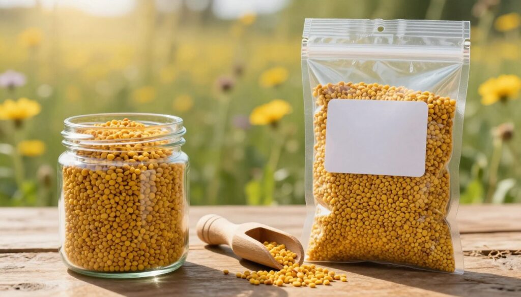 A neatly arranged display of packaging options for bee pollen, emphasizing the importance of quality storage. In the foreground, a clear glass jar filled with vibrant yellow pollen grains, glistening under soft, natural light. Beside it, a resealable plastic bag, partially open, showing the same pollen, with a neat label on the front. In the middle, a small wooden scooping tool rests on a rustic wooden surface, hinting at portioning the product. The background features a blurred field of wildflowers, creating a warm, natural atmosphere, evoking a sense of freshness. The scene is illuminated by gentle sunlight filtering through the leaves, creating a cozy and inviting mood. The angle captures the textures of packaging, focusing on clarity and detail without any distractions.