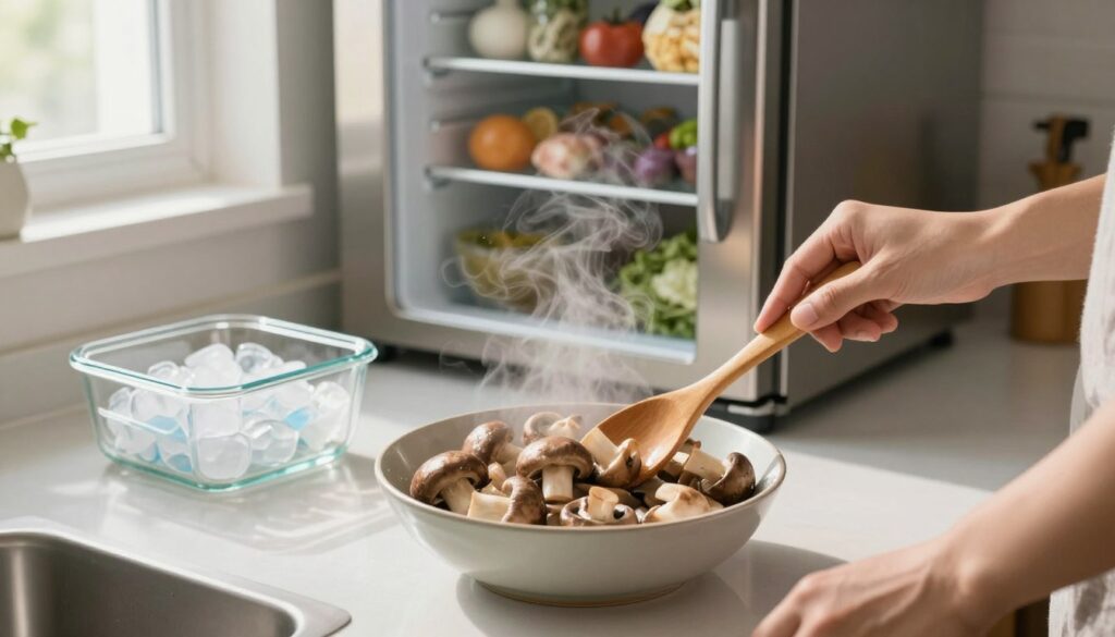 A neatly arranged kitchen countertop featuring a bowl of freshly cooked mushrooms, steam gently rising above them. In the foreground, a pair of hands using a wooden spoon to stir the mushrooms while a glass container and ice packs are positioned nearby for cooling. A stainless steel refrigerator stands in the background, slightly open, revealing shelves stocked with various food items. Soft, natural light filters in from a nearby window, casting a warm glow over the scene, emphasizing the texture and color of the mushrooms. The overall atmosphere is one of careful preparation and culinary mindfulness, focusing on the importance of cooling cooked mushrooms safely to extend their freshness. A neatly arranged kitchen countertop featuring a bowl of freshly cooked mushrooms, steam gently rising above them. In the foreground, a pair of hands using a wooden spoon to stir the mushrooms while a glass container and ice packs are positioned nearby for cooling. A stainless steel refrigerator stands in the background, slightly open, revealing shelves stocked with various food items. Soft, natural light filters in from a nearby window, casting a warm glow over the scene, emphasizing the texture and color of the mushrooms. The overall atmosphere is one of careful preparation and culinary mindfulness, focusing on the importance of cooling cooked mushrooms safely to extend their freshness.