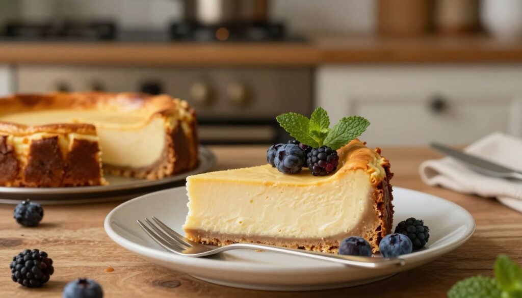 A perfectly baked slice of cheesecake, showcasing a creamy, smooth texture with a golden-brown crust. The cheesecake is elegantly presented on a delicate porcelain plate, garnished with fresh berries and a sprig of mint. In the foreground, a fork is placed beside the plate, ready to take a bite. In the middle background, a rustic kitchen setting can be seen, with a well-used oven in soft focus, emitting a warm glow that suggests the perfect baking temperature. The lighting is warm and inviting, capturing the rich colors of the cheesecake and the natural wood tones of the kitchen. The mood is cozy and inviting, emphasizing the homemade quality of the dessert, and evoking a sense of comfort and indulgence.