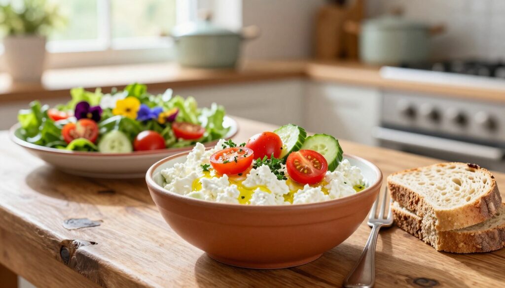 A quick and hearty lunch featuring cottage cheese as the main ingredient. In the foreground, a rustic wooden table holds a vibrant bowl of freshly prepared cottage cheese topped with sliced cherry tomatoes, cucumber, and herbs, finished with a drizzle of olive oil. Next to the bowl, a fork is elegantly placed beside a slice of whole-grain bread. In the middle ground, a colorful salad can be seen in a nearby dish, with mixed greens and edible flowers adding freshness. The background features soft, blurred kitchen elements like pots and an inviting window filled with sunlight flooding in, creating a warm and cozy atmosphere. The lighting is natural and bright, emphasizing the freshness of the ingredients, evoking a sense of comfort and simplicity.