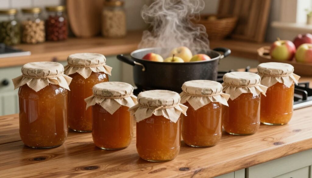 A rustic kitchen scene featuring jars of homemade apple compote, elegantly lined up on a wooden countertop. The foreground showcases clear glass jars filled with rich amber-colored compote, glistening under warm, soft lighting that creates an inviting atmosphere. Each jar is topped with a vintage-style fabric lid, adding a charming touch. In the middle, a pot of freshly cooked apples sits simmering on a classic stove, with steam rising gently, suggesting aroma and warmth. The background reveals wooden shelves stocked with spices and fruit, evocatively suggesting a cozy home environment. The overall mood is nostalgic and homely, evoking feelings of comfort and the coming winter season. The shot is captured from a slightly elevated angle, providing a comprehensive view of the jars and kitchen setup. A rustic kitchen scene featuring jars of homemade apple compote, elegantly lined up on a wooden countertop. The foreground showcases clear glass jars filled with rich amber-colored compote, glistening under warm, soft lighting that creates an inviting atmosphere. Each jar is topped with a vintage-style fabric lid, adding a charming touch. In the middle, a pot of freshly cooked apples sits simmering on a classic stove, with steam rising gently, suggesting aroma and warmth. The background reveals wooden shelves stocked with spices and fruit, evocatively suggesting a cozy home environment. The overall mood is nostalgic and homely, evoking feelings of comfort and the coming winter season. The shot is captured from a slightly elevated angle, providing a comprehensive view of the jars and kitchen setup.