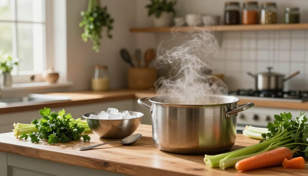 A rustic kitchen scene focused on the quick cooling process of homemade broth. In the foreground, a large pot of steaming broth is placed on a wooden countertop with an assortment of fresh herbs and vegetables surrounding it, such as parsley, carrots, and celery. In the middle, a stainless steel bowl with ice cubes sits ready to assist in cooling, while a spoon rests beside it. The background features a softly lit kitchen with herbs hanging from the ceiling and warm wooden shelves filled with jars and utensils, creating a cozy atmosphere. Soft, natural light streams in from a window, enhancing the warmth of the scene. The overall mood is inviting and homely, emphasizing the importance of safely cooling broth to retain its flavor.