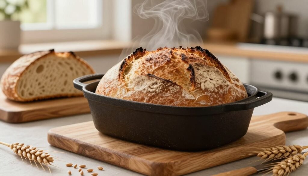 A rustic loaf of "prosty chleb" emerges from a cast iron pot, showcasing a beautifully crusty, golden-brown exterior and a soft, airy interior, with steam rising gently from the freshly baked bread. The foreground features the loaf prominently, with a few scattered wheat grains and kitchen utensils nearby. In the middle, a textured wooden cutting board serves as a backdrop, displaying the loaf's crumb structure. In the background, a warm, inviting kitchen setting is subtly blurred, with soft, natural light filtering through a window, creating a cozy, homey atmosphere. The overall mood conveys the comfort and rewarding experience of home baking, focusing on the inviting qualities of the bread and the homely setting.