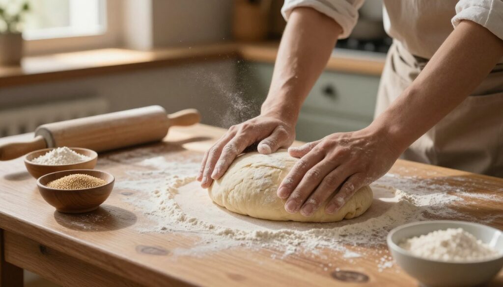 A rustic wooden table is the focal point, featuring a partially formed loaf of bread being shaped by skilled hands dusted with flour. The hands are gently, yet firmly, shaping the dough into a smooth, round form. Several small bowls of flour and sesame seeds are placed nearby, adding texture to the scene. The background reveals a softly lit kitchen with warm, inviting tones, creating a cozy atmosphere. The lighting is soft and warm, with natural sunlight filtering through a nearby window, illuminating the flour in the air and casting gentle shadows. A rolling pin and a bowl of dough can also be seen, accentuating the baking process. The overall mood conveys a sense of artfulness and care in the tradition of bread-making. A rustic wooden table is the focal point, featuring a partially formed loaf of bread being shaped by skilled hands dusted with flour. The hands are gently, yet firmly, shaping the dough into a smooth, round form. Several small bowls of flour and sesame seeds are placed nearby, adding texture to the scene. The background reveals a softly lit kitchen with warm, inviting tones, creating a cozy atmosphere. The lighting is soft and warm, with natural sunlight filtering through a nearby window, illuminating the flour in the air and casting gentle shadows. A rolling pin and a bowl of dough can also be seen, accentuating the baking process. The overall mood conveys a sense of artfulness and care in the tradition of bread-making.