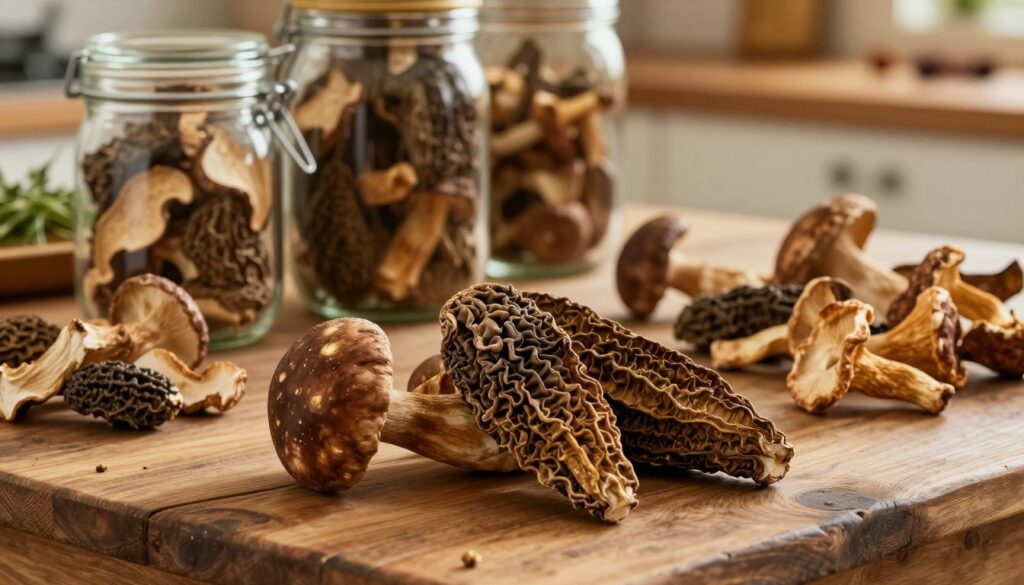 A rustic wooden table showcases a variety of dried mushrooms, including porcini, morels, and chanterelles, artfully arranged in natural light. The foreground features a close-up of the richly textured caps with their deep browns and subtle golds, revealing the details of their surfaces. The middle ground includes a few glass jars filled with dried mushrooms, highlighting their preservation for culinary use. In the background, soft-focus elements suggest an inviting kitchen environment, with hints of herbs and spices, while warm, golden lighting casts a cozy ambiance. The overall mood feels earthy and rustic, inviting the viewer to appreciate the beauty and practicality of preserving mushrooms. A rustic wooden table showcases a variety of dried mushrooms, including porcini, morels, and chanterelles, artfully arranged in natural light. The foreground features a close-up of the richly textured caps with their deep browns and subtle golds, revealing the details of their surfaces. The middle ground includes a few glass jars filled with dried mushrooms, highlighting their preservation for culinary use. In the background, soft-focus elements suggest an inviting kitchen environment, with hints of herbs and spices, while warm, golden lighting casts a cozy ambiance. The overall mood feels earthy and rustic, inviting the viewer to appreciate the beauty and practicality of preserving mushrooms.