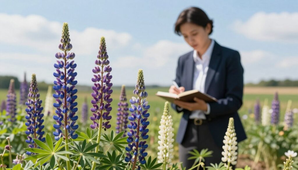 A serene and informative image showcasing a variety of lupin plants in a natural setting, highlighting safety in consumption. In the foreground, display vibrant lupin flowers in shades of blue, purple, and white, with their characteristic foliage. In the middle ground, include an attentive individual dressed in professional business attire, thoughtfully observing the plants, taking careful notes. The background features a softly blurred landscape of a sunny field, with a clear blue sky and gentle clouds, creating a calm atmosphere. Soft, natural lighting bathes the scene, enhancing the colors of the flowers and the greenery surrounding them. Capture the essence of safety and knowledge about edible lupins while maintaining a respectful and professional tone without any text or distractions.