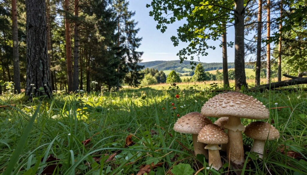 A serene forest landscape in Poland, showcasing a variety of tree species such as pines and oaks, with soft sunlight filtering through the leafy canopy. In the foreground, a group of edible mushrooms, specifically the Kania (Macrolepiota dolichaula), exhibits its distinctive umbrella-like cap with a light brown color and white, scaly texture. Surrounding the mushrooms are lush green grass and wildflowers, providing a rich diversity of color. The middle ground features an inviting meadow with dappled sunlight creating an enchanting atmosphere, while the background consists of tall trees and distant hills under a clear blue sky. The image captures the tranquility of nature, evoking a sense of wonder and discovery in the heart of the Polish wilderness. A serene forest landscape in Poland, showcasing a variety of tree species such as pines and oaks, with soft sunlight filtering through the leafy canopy. In the foreground, a group of edible mushrooms, specifically the Kania (Macrolepiota dolichaula), exhibits its distinctive umbrella-like cap with a light brown color and white, scaly texture. Surrounding the mushrooms are lush green grass and wildflowers, providing a rich diversity of color. The middle ground features an inviting meadow with dappled sunlight creating an enchanting atmosphere, while the background consists of tall trees and distant hills under a clear blue sky. The image captures the tranquility of nature, evoking a sense of wonder and discovery in the heart of the Polish wilderness.
