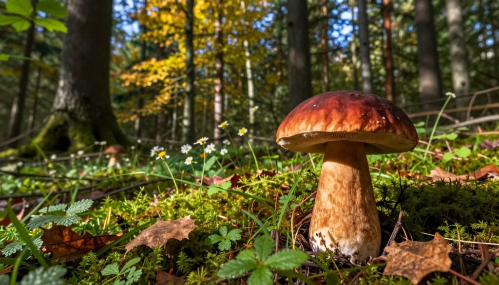 A serene forest scene in Poland showcasing a borowik ceglastopory mushroom, also known as the brick-colored bolete. In the foreground, place a vibrant, fresh specimen of the mushroom, highlighting its distinctive reddish-brown cap and sturdy, bulbous stem. Surround the mushroom with lush green foliage and scattered autumn leaves, capturing the essence of its natural habitat. In the middle ground, depict a carpet of moss and small wildflowers, softly illuminated by dappled sunlight filtering through the trees. The background should feature towering deciduous trees, their leaves in shades of green and gold, set against a clear blue sky. The mood is peaceful and inviting, evoking the beauty of mushroom hunting in the wild. Focus on natural lighting to enhance textures and colors.