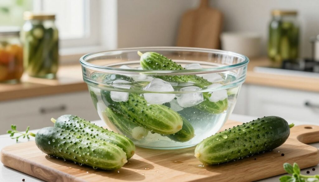 A serene kitchen scene focusing on a large, clear glass bowl filled with fresh, vibrant cucumbers submerged in ice-cold water, emphasizing the "cold water method" for preserving cucumbers. In the foreground, a few cucumbers are resting on a wooden cutting board, glistening with droplets of water. The background includes a softly lit kitchen counter adorned with jars of pickled vegetables, evoking a homely, inviting atmosphere. Natural morning light streams through a window, casting gentle shadows. A hint of fresh herbs and spices lies nearby, suggesting preparation for pickling. The overall mood is fresh, wholesome, and organized, conveying the practicality of preserving cucumbers efficiently. The composition focuses on clarity and brightness, without any distracting elements. A serene kitchen scene focusing on a large, clear glass bowl filled with fresh, vibrant cucumbers submerged in ice-cold water, emphasizing the "cold water method" for preserving cucumbers. In the foreground, a few cucumbers are resting on a wooden cutting board, glistening with droplets of water. The background includes a softly lit kitchen counter adorned with jars of pickled vegetables, evoking a homely, inviting atmosphere. Natural morning light streams through a window, casting gentle shadows. A hint of fresh herbs and spices lies nearby, suggesting preparation for pickling. The overall mood is fresh, wholesome, and organized, conveying the practicality of preserving cucumbers efficiently. The composition focuses on clarity and brightness, without any distracting elements.