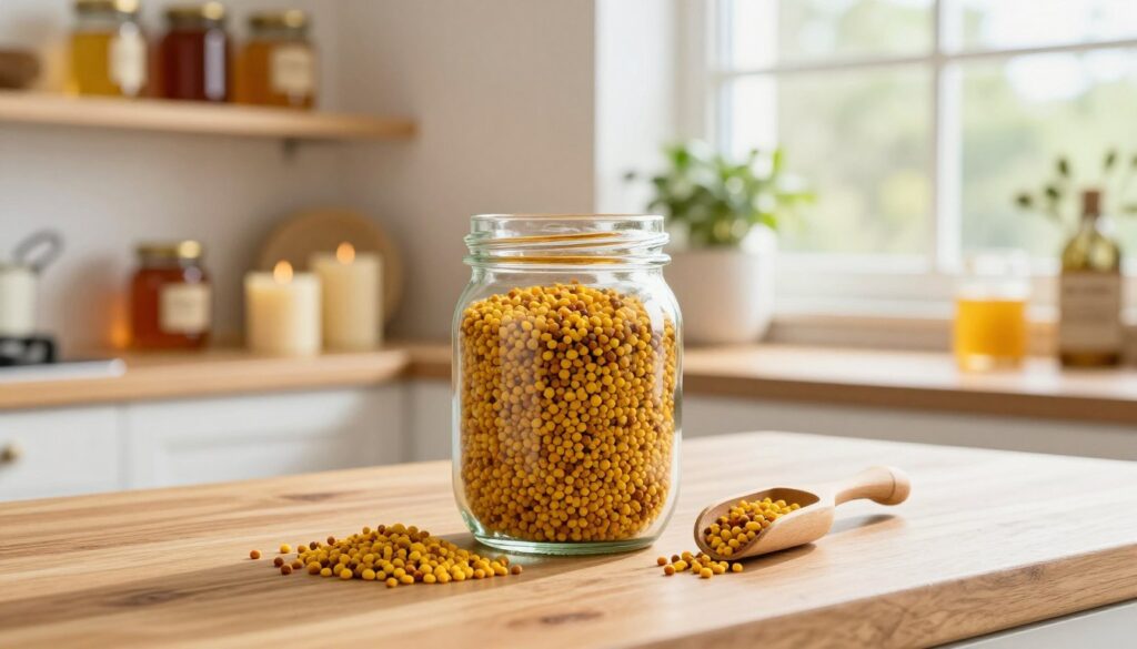A serene kitchen setting featuring a glass jar filled with vibrant yellow bee pollen, beautifully organized on a wooden countertop. In the foreground, a small wooden scoop sits beside the jar, emphasizing the natural and wholesome aspect of bee pollen storage. In the middle ground, softly illuminated shelves display more honey-related products, such as jars of honey and beeswax candles, suggesting an atmosphere of health and wellness. The background showcases a sunlit window with green plants, enhancing the freshness of the scene. The warm lighting creates a cozy, inviting mood, highlighting the nutritional benefits of properly stored bee pollen. The composition is shot from a slightly elevated angle to bring focus to the jar and its surroundings.