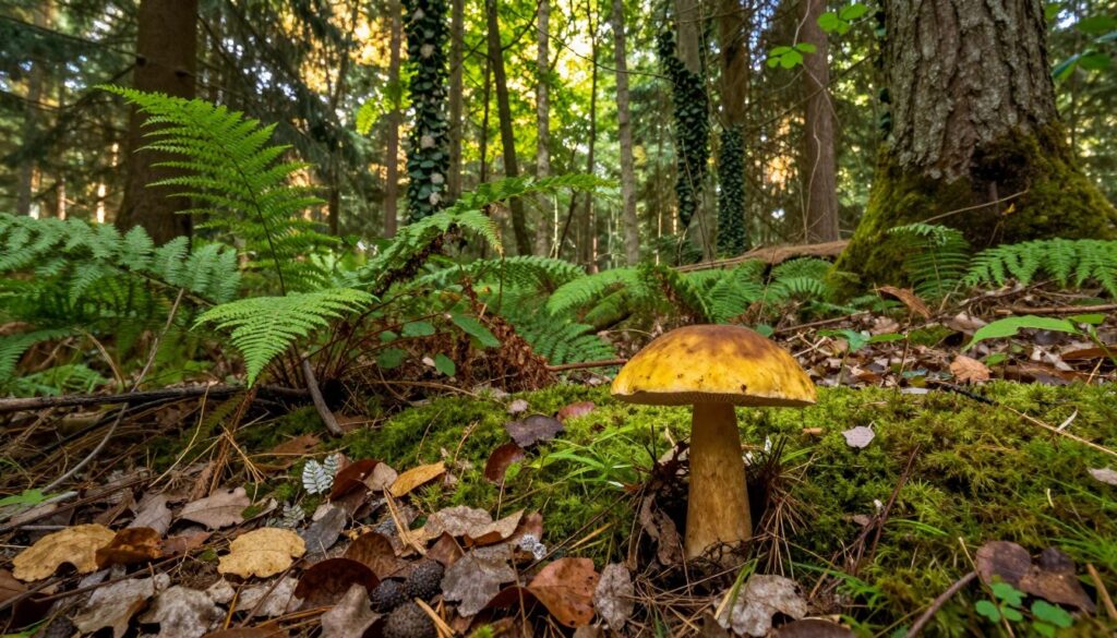 A serene, lush Polish forest scene, showcasing the bitter bolete mushroom (goryczak żółciowy) nestled on the forest floor among fallen leaves and moss. The foreground features vivid details of the mushroom's yellowish cap and brown stem, surrounded by rich green ferns and vibrant forest undergrowth. In the middle, the picture includes tall trees with dappled sunlight filtering through the leaves, creating a soft, inviting glow. The background reveals a depth of other trees, trailing vines, and patches of soft earth. The atmosphere is tranquil and natural, evoking a sense of discovery and connection to the Polish woods. Use a wide-angle lens to capture the forest's beauty, with warm lighting enhancing the earthy tones.