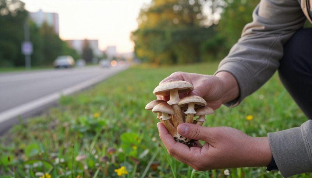 A serene roadside scene capturing the delicate process of foraging for the edible fungus known as twardzioszek przydrożny. In the foreground, a person wearing modest casual clothing carefully inspects a cluster of these small mushrooms, their textures and colors vividly detailed under soft, natural lighting. The middle ground features a lush green roadside environment with subtle hints of urban elements, such as a distant road sign and glimpses of a cityscape beyond the trees. The background, gently blurred, suggests a peaceful city park, with a warm afternoon sunlight bathing the scene, creating a tranquil and inviting atmosphere. The composition focuses on the interaction between the forager and the mushrooms, highlighting the importance of cleanliness and careful selection. A serene roadside scene capturing the delicate process of foraging for the edible fungus known as twardzioszek przydrożny. In the foreground, a person wearing modest casual clothing carefully inspects a cluster of these small mushrooms, their textures and colors vividly detailed under soft, natural lighting. The middle ground features a lush green roadside environment with subtle hints of urban elements, such as a distant road sign and glimpses of a cityscape beyond the trees. The background, gently blurred, suggests a peaceful city park, with a warm afternoon sunlight bathing the scene, creating a tranquil and inviting atmosphere. The composition focuses on the interaction between the forager and the mushrooms, highlighting the importance of cleanliness and careful selection.