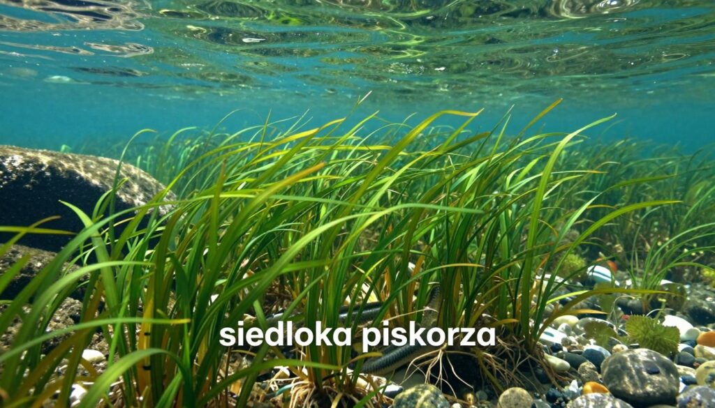 A serene underwater scene depicting "siedliska piskorza" (eelgrass habitat) in a freshwater environment. In the foreground, lush green eelgrass sways gently, with a few piskorz (mud eels) partially visible among the roots, lending a sense of life to the scene. The middle ground features a variety of aquatic plants, rocks, and pebbles, creating a rich habitat. The background is illuminated by soft, dappled sunlight filtering through the surface of the water, casting gentle reflections. The atmosphere is tranquil and vibrant, filled with shades of green and blue, evoking a sense of underwater serenity. The scene captures the essence of a thriving freshwater ecosystem, emphasizing the ideal conditions for mud eel populations. A serene underwater scene depicting "siedliska piskorza" (eelgrass habitat) in a freshwater environment. In the foreground, lush green eelgrass sways gently, with a few piskorz (mud eels) partially visible among the roots, lending a sense of life to the scene. The middle ground features a variety of aquatic plants, rocks, and pebbles, creating a rich habitat. The background is illuminated by soft, dappled sunlight filtering through the surface of the water, casting gentle reflections. The atmosphere is tranquil and vibrant, filled with shades of green and blue, evoking a sense of underwater serenity. The scene captures the essence of a thriving freshwater ecosystem, emphasizing the ideal conditions for mud eel populations.