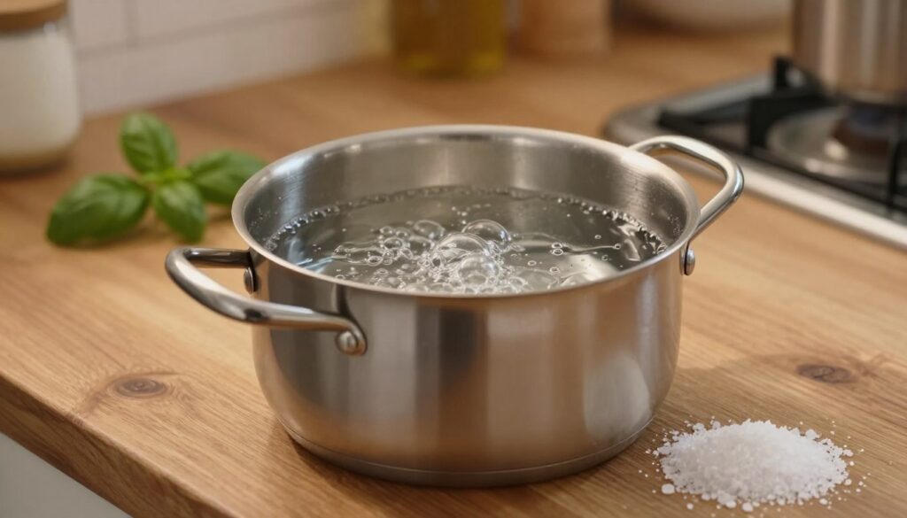 A stainless steel pot is set on a classic, wooden kitchen countertop. The pot is filled with clear water, gently bubbling, ready for cooking. A small pile of coarse sea salt is placed beside the pot, hinting at the seasoning process. The background features a cozy kitchen environment with warm, soft lighting illuminating the scene, creating an inviting atmosphere. A few fresh basil leaves are subtly placed in the background, enhancing the culinary theme. The camera angle is slightly above the level of the pot, capturing both the water and salt prominently in the foreground, while the kitchen decor softly fades into the middle and background. The overall mood is one of anticipation and warmth, emphasizing the preparation for cooking spaghetti al dente. A stainless steel pot is set on a classic, wooden kitchen countertop. The pot is filled with clear water, gently bubbling, ready for cooking. A small pile of coarse sea salt is placed beside the pot, hinting at the seasoning process. The background features a cozy kitchen environment with warm, soft lighting illuminating the scene, creating an inviting atmosphere. A few fresh basil leaves are subtly placed in the background, enhancing the culinary theme. The camera angle is slightly above the level of the pot, capturing both the water and salt prominently in the foreground, while the kitchen decor softly fades into the middle and background. The overall mood is one of anticipation and warmth, emphasizing the preparation for cooking spaghetti al dente.