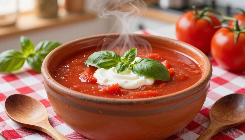 A steaming bowl of traditional Zupa Pomidorowa, a Polish tomato soup, presented in a rustic earthenware bowl. The vibrant red soup is garnished with fresh basil leaves and a dollop of creamy sour cream swirled on top, emphasizing its inviting texture. In the foreground, a wooden spoon rests beside the bowl, with droplets of condensation visible on the bowl's surface, suggesting warmth. In the middle ground, a checkered red and white tablecloth adds a homey feel, while a few raw tomatoes and a sprig of basil lay nearby. The background is softly blurred, featuring a warm kitchen ambiance with subtle wooden shelves and a hint of sunlight filtering through, creating an inviting and cozy atmosphere. The overall mood evokes comfort and simplicity, perfect for a quick and reliable meal.