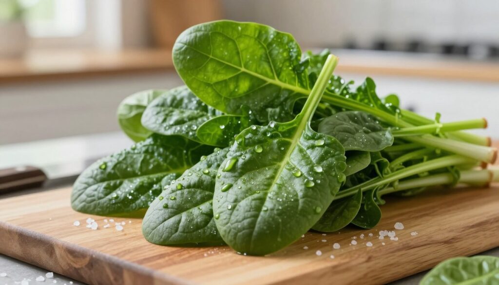 A vibrant and fresh bunch of spinach leaves, showcasing their deep green color and crisp texture. In the foreground, a close-up of the shiny leaves glistening with droplets of water, emphasizing freshness and quality. The middle ground features a wooden cutting board with a small knife and scattered coarse salt, hinting at preparation. The background is softly blurred, revealing a warm kitchen atmosphere with natural light filtering through a window, casting gentle shadows. The overall mood is inviting and wholesome, perfect for a cooking context. The image should capture the essence of selecting and preparing spinach, highlighting its vibrant color and luscious quality.