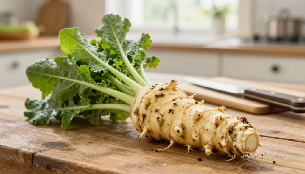 A vibrant and fresh-looking horseradish root, still coated with some soil, positioned prominently in the foreground. The root has a rough, textured surface with leafy green tops still attached, demonstrating its freshness. In the middle ground, place a rustic wooden table adorned with a few kitchen tools, like a knife and a small cutting board, hinting at the preparation process. In the background, a soft-focus kitchen environment bathed in natural light, filtering through a window, creating a warm and inviting atmosphere. The overall mood is cozy and homely, emphasizing the theme of preserving the freshness of horseradish. Aim for a bright, cheerful color palette highlighting greens and earthy tones, and use a slightly overhead angle to showcase the root effectively. A vibrant and fresh-looking horseradish root, still coated with some soil, positioned prominently in the foreground. The root has a rough, textured surface with leafy green tops still attached, demonstrating its freshness. In the middle ground, place a rustic wooden table adorned with a few kitchen tools, like a knife and a small cutting board, hinting at the preparation process. In the background, a soft-focus kitchen environment bathed in natural light, filtering through a window, creating a warm and inviting atmosphere. The overall mood is cozy and homely, emphasizing the theme of preserving the freshness of horseradish. Aim for a bright, cheerful color palette highlighting greens and earthy tones, and use a slightly overhead angle to showcase the root effectively.