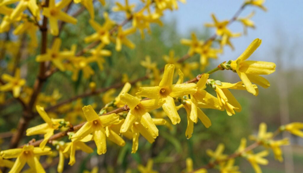 A vibrant close-up of forsythia flowers in full bloom, showcasing their bright yellow petals against a lush green backdrop. The flowers are gathered in small clusters on slender branches, with some buds still tightly closed, hinting at their impending bloom. The foreground features dew-kissed petals, glistening under soft, natural sunlight, creating a warm and inviting atmosphere. In the middle, gentle, blurred greenery offers a serene contrast to the vivid yellow flowers, while the background depicts a clear blue sky, emphasizing the freshness of spring. The composition should have a shallow depth of field, highlighting the flowers sharply while subtly softening the surrounding foliage, evoking a sense of tranquility and renewal.