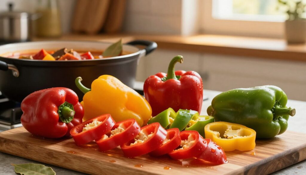A vibrant display of assorted paprikas in a rustic kitchen setting, emphasizing their rich colors—deep reds, bright yellows, and vivid greens. The foreground features whole and sliced paprikas arranged artfully on a wooden cutting board, glistening with a little moisture to suggest freshness. In the middle ground, a pot of goulash simmers gently on the stove, with hints of bay leaves peeking through the aromatic broth. The background reveals a softly lit kitchen with warm, golden light filtering through a window, casting gentle shadows. The overall atmosphere is cozy and inviting, evoking the essence of comfort cooking. A soft focus on the edges enhances the vibrant colors of the paprikas, drawing attention to their essential role in flavoring the dish.