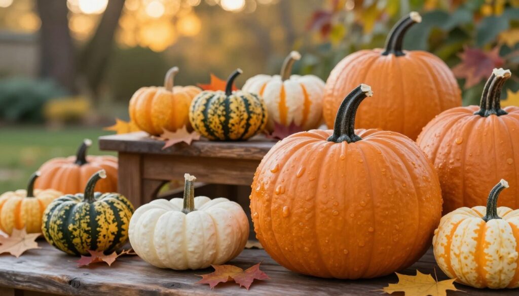 A vibrant display of various ornamental pumpkins in a rustic setting, showcasing their unique shapes, colors, and textures. In the foreground, a glossy, orange Gomez pumpkin stands out, with its smooth surface reflecting soft natural light. Surrounding it, smaller decorative pumpkins in shades of white, green, and speckled varieties create a colorful contrast. The middle ground features a wooden table adorned with autumn leaves, enhancing the seasonal feel. In the background, a blurred garden scene with warm golden hour sunlight filtering through trees creates a cozy atmosphere. The overall mood is inviting and festive, ideal for illustrating the theme of edible versus ornamental pumpkins. The image should be captured with a shallow depth of field to focus on the pumpkins while softly blurring the background elements.