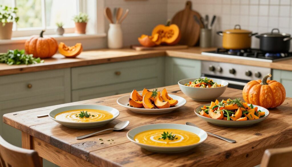 A vibrant kitchen scene featuring a diverse array of culinary dishes prepared with Gomez pumpkin, showcasing its versatility. In the foreground, a colorful, rustic wooden table is laden with beautifully plated dishes like creamy pumpkin soup, roasted pumpkin slices with herbs, and a vibrant salad with pumpkin seeds. The middle ground includes a kitchen countertop with fresh Gomez pumpkins, herbs, and cooking utensils, illuminated by warm, soft light from a nearby window. In the background, a cozy kitchen ambiance with pots, pans, and kitchen decor adds depth. The overall mood is inviting and homely, suggesting creativity in cooking. The image is captured from a slightly elevated angle to emphasize the colors and textures of the dishes.