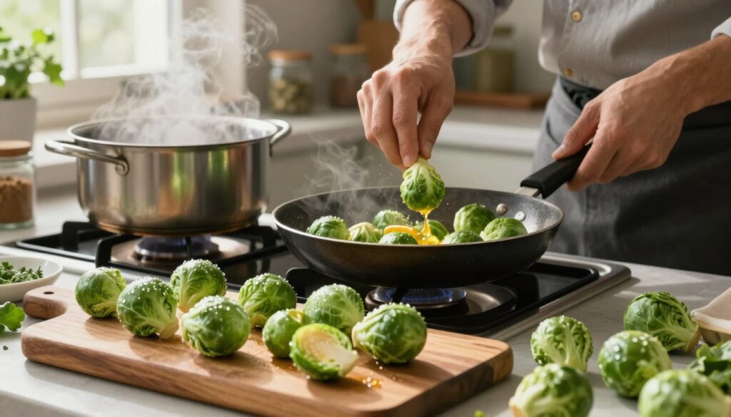 A vibrant kitchen scene showcasing Brussels sprouts being prepared in various innovative cooking methods. In the foreground, a wooden cutting board displays fresh, bright green Brussels sprouts, some halved and others whole, detailed with dew drops. In the middle, a seasoned chef in modest attire carefully sautés the sprouts in a pan, with a hint of golden butter melting. On an adjacent burner, a pot of boiling water is visible, with steam rising gently. The background features a cozy kitchen atmosphere, with soft afternoon light streaming through a window, highlighting a selection of herbs and spices in jars on the counter. The overall mood is inviting and warm, emphasizing culinary creativity with a focus on elevating the flavor of Brussels sprouts.