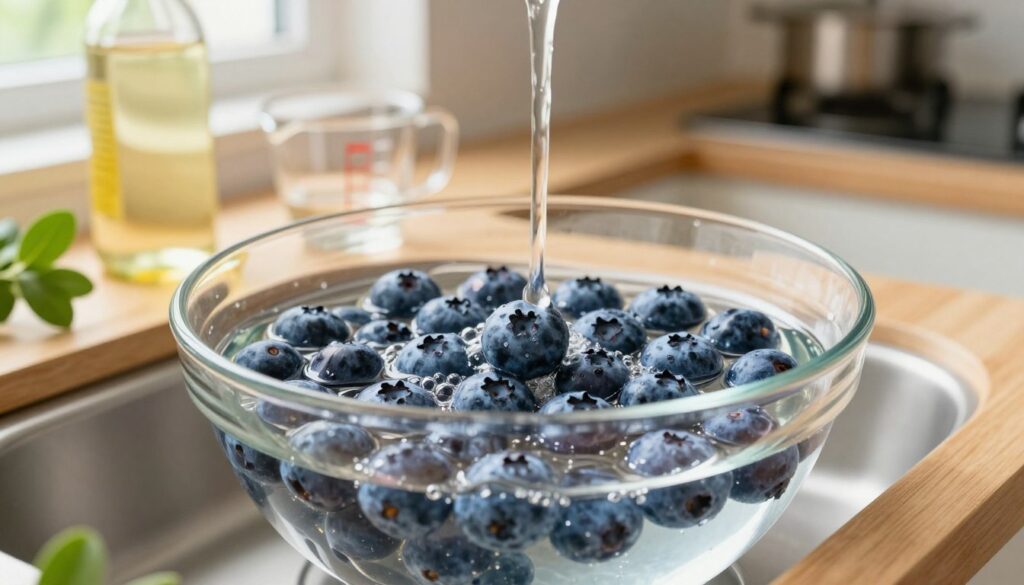 A vibrant kitchen scene showcasing fresh blueberries being washed in a clear bowl filled with a solution of vinegar and water. In the foreground, the glossy blueberries glisten as they are gently agitated in the solution, with a hint of bubbles forming around them. The middle ground features a wooden countertop adorned with a bottle of vinegar, a measuring cup, and a small leafy plant, adding a touch of freshness to the setting. The background reveals a softly lit kitchen with warm, natural light filtering through a window, enhancing the inviting atmosphere. The mood is clean and fresh, emphasizing home care and healthy food preparation. The angle focuses on the blueberries and the washing process, creating an engaging focal point.