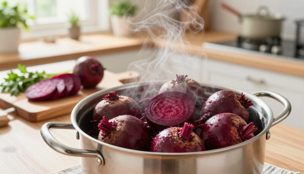 A vibrant kitchen scene showcasing the "buraków metoda pary" with a focus on steaming beets. In the foreground, a stainless-steel steamer pot filled with fresh, whole, unpeeled beets, their rich burgundy color glistening. Steam is rising gently, highlighting the texture of the beets. In the middle ground, a wooden cutting board features some sliced, cooked beets alongside herbs, emphasizing freshness. The background displays a clean, sunlit kitchen with green plants and cooking utensils, creating a warm, inviting atmosphere. Soft, natural lighting enhances the colors of the beets and the wooden textures, creating a homely, wholesome vibe. The angle captures a slight overhead perspective, giving a clear view of both the beets and the surrounding kitchen environment.