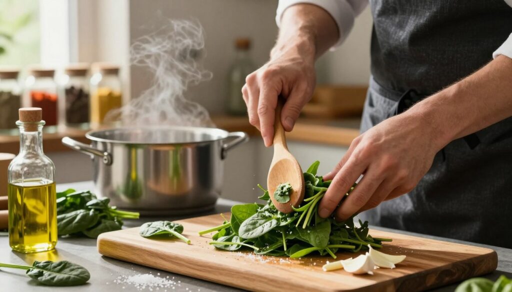 A vibrant kitchen setting with a focus on fresh spinach being seasoned. In the foreground, a wooden cutting board holds fresh spinach leaves, sprinkled with sea salt, a dash of olive oil, and slivers of garlic. A chef in a professional apron gently tosses the spinach with a wooden spoon, their hands moving with care to preserve the color and texture of the leaves. In the middle, a stainless-steel pot simmers with a hint of steam, hinting at the cooking process. The background features an array of colorful spices in small glass jars neatly arranged on a shelf, enhancing the atmosphere of culinary expertise. Soft, natural light streams in through a window, casting gentle shadows and creating a warm, inviting ambiance.