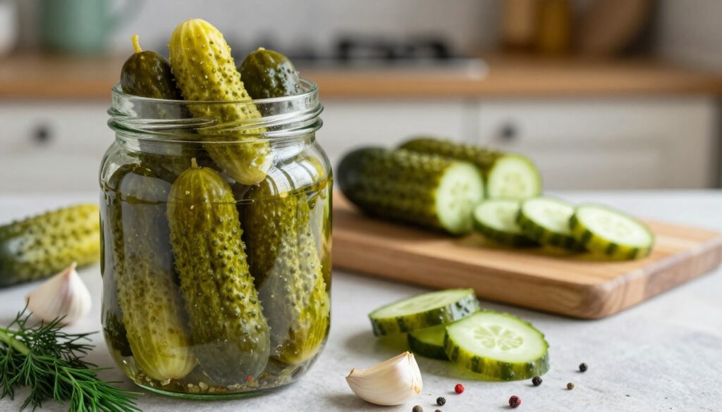 A vibrant selection of pickled cucumbers, also known as "ogórków kiszonych," displayed prominently in the foreground. The cucumbers are nestled in a clear glass jar, showcasing their bright green color and the krinkled texture of the skin. Include some spices like garlic cloves and dill scattered around the jar to emphasize their tangy flavor. In the middle ground, a wooden cutting board displays sliced fresh cucumbers, highlighting the contrast between pickled and fresh. Soft, natural light streams in from the side, creating gentle reflections and enhancing the texture of the cucumbers. In the background, a softly blurred kitchen setting with a rustic ambiance completes the scene, evoking a cozy culinary atmosphere perfect for preparing a creamy, sour cucumber soup.