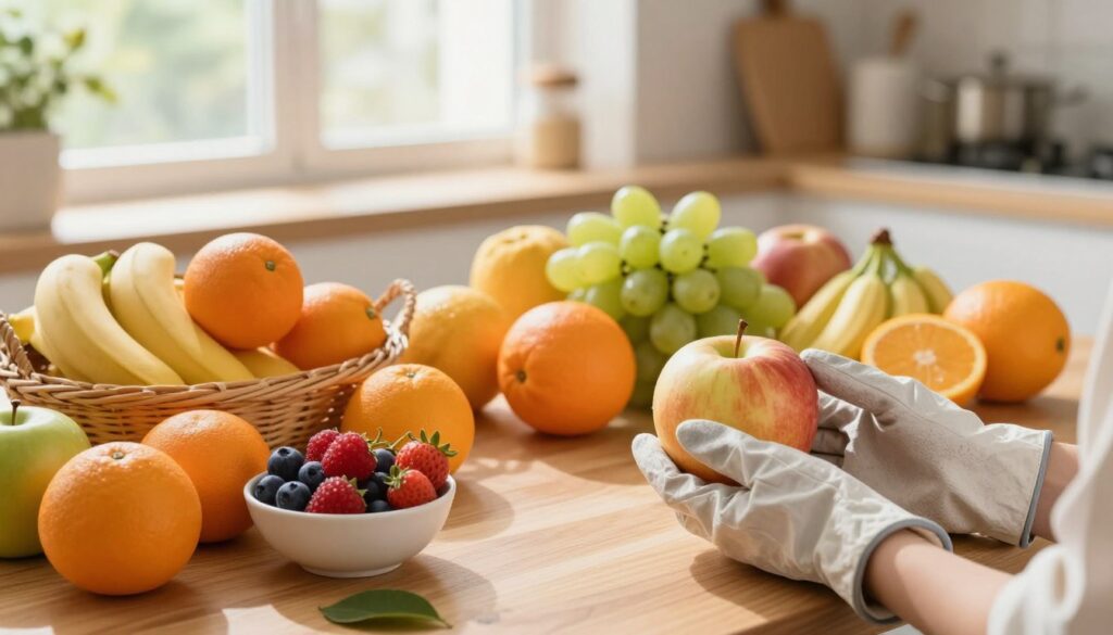 A vibrant, well-lit kitchen scene featuring a diverse selection of fresh fruits being carefully arranged on a wooden table. In the foreground, a pair of hands, clad in modest kitchen gloves, hold a ripe apple inspecting its quality. In the middle, colorful fruits—like oranges, bananas, berries, and grapes—are artistically scattered, some in a wicker basket, others in a small bowl. The background showcases a window with soft, natural sunlight illuminating the scene, creating a warm, inviting atmosphere. A few leaves and kitchen utensils subtly placed add to the homely vibe. The composition focuses on freshness and careful selection, with a wholesome and organized feel that complements the theme of preserving fruit freshness.