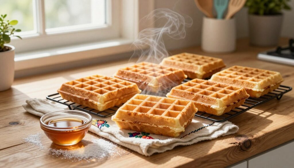 A visually appealing scene showcasing freshly baked waffles cooling on a rustic wooden countertop. The waffles are perfectly golden brown, with their iconic grid pattern clearly visible, slightly steaming to indicate warmth. In the foreground, a delicate embroidered linen napkin holds a few waffles, while a small bowl of syrup and a sprinkle of powdered sugar lie nearby. The middle of the image captures the cooling process, with a light breeze created by an open window allowing soft sunlight to filter in, creating a warm atmosphere. The background features a simple kitchen setting with pastel-colored utensils and a potted plant, emphasizing a homely, inviting feel. The image should convey warmth and comfort, with natural light illuminating the scene from the left, casting gentle shadows that enhance the texture of the waffles.