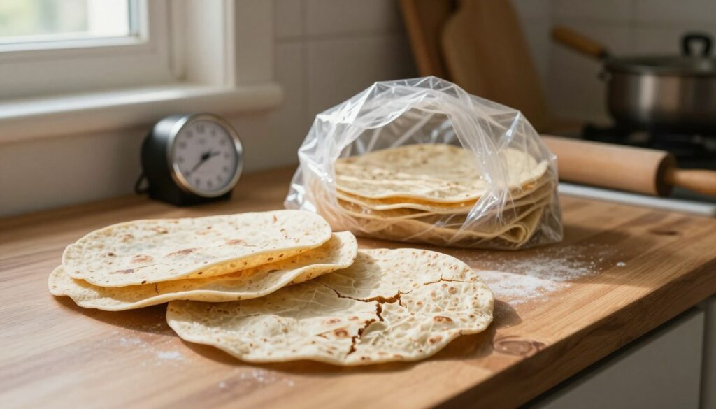 A visually striking image depicting common storage mistakes affecting tortilla quality. In the foreground, several tortillas are piled haphazardly on a wooden kitchen counter, some crumpled and cracked, illustrating the negative effects of improper storage. In the middle ground, a partially open plastic bag shows tortillas hastily stuffed inside, indicating poor sealing practices. On the kitchen wall in the background, a timer and a rolling pin suggest an unfinished cooking process, adding context to the scene. Soft, natural lighting streams in from a nearby window, casting gentle shadows and highlighting the textures of the tortillas. The overall mood conveys a sense of urgency and caution, prompting viewers to reconsider their tortilla storage habits.