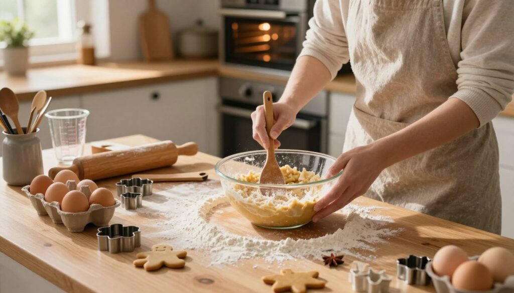 A warm and inviting kitchen scene focused on the process of mixing dough for gingerbread. In the foreground, a wooden table is filled with flour, eggs, and spices, with a mixing bowl and a wooden spoon. A person in modest casual clothing is seen energetically stirring the mixture, showcasing their concentration and enthusiasm. The middle ground features a well-organized kitchen with baking tools, measuring cups, and gingerbread molds, emphasizing the theme of baking. In the background, a cozy oven is glowing softly, hinting at the process of baking. The lighting is warm and natural, creating a homely atmosphere, with sunlight streaming through a window, casting gentle shadows. The overall mood is cheerful and deliciously aromatic, capturing the essence of baking moist and flavorful gingerbread.