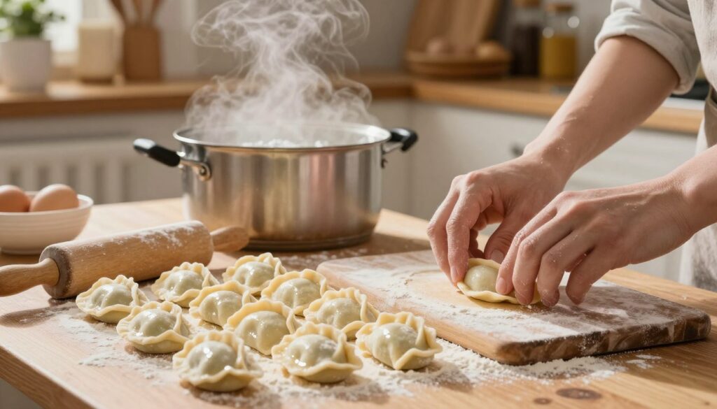 A warm, inviting kitchen scene showcasing the art of cooking fresh pierogi. In the foreground, a wooden table is covered with flour, where neatly arranged pierogi, glistening with a light sheen, sit beside a rolling pin and a flour-dusted cutting board. A pot of boiling water bubbles gently in the mid-ground, steam rising and illuminating the scene with a soft glow. In the background, kitchen shelves filled with rustic utensils and ingredients create a cozy atmosphere. The lighting is warm and diffused, evoking a sense of comfort and homeliness. The focus is on the careful preparation technique, capturing the essence of cooking pierogi while ensuring the dough remains intact, reflecting the theme of tenderness and skill in the cooking process.