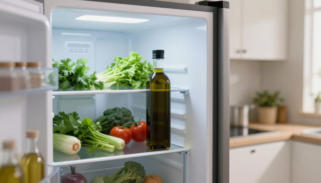 A well-organized kitchen scene featuring a modern refrigerator prominently displayed in the foreground. Inside the fridge, a clear glass bottle of black seed oil sits on a shelf, illuminated by soft, cool white LED lighting that emphasizes its rich, dark color. In the middle ground, the fridge is stocked with fresh herbs and vegetables, symbolizing proper storage practices. The background shows a neatly arranged kitchen with light-colored cabinets and a subtle hint of a window allowing natural light to filter in, creating a cozy atmosphere. The overall mood is calm and professional, suitable for an informative article. The angle of the shot is slightly from above, adding depth to the scene, while maintaining focus on the oil and its ideal storage environment. A well-organized kitchen scene featuring a modern refrigerator prominently displayed in the foreground. Inside the fridge, a clear glass bottle of black seed oil sits on a shelf, illuminated by soft, cool white LED lighting that emphasizes its rich, dark color. In the middle ground, the fridge is stocked with fresh herbs and vegetables, symbolizing proper storage practices. The background shows a neatly arranged kitchen with light-colored cabinets and a subtle hint of a window allowing natural light to filter in, creating a cozy atmosphere. The overall mood is calm and professional, suitable for an informative article. The angle of the shot is slightly from above, adding depth to the scene, while maintaining focus on the oil and its ideal storage environment.