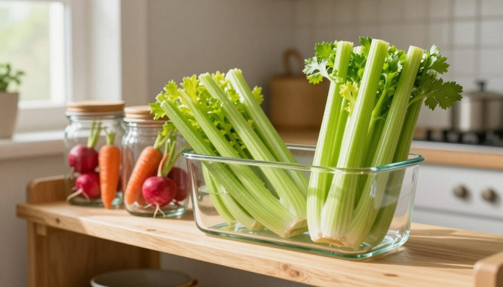 A well-organized kitchen shelf showcasing fresh celery stalks, neatly stored in a glass container filled with water, highlighting the importance of proper storage techniques. In the foreground, vibrant green celery stands out against a light wooden shelf. The middle area reveals additional vegetables like carrots and radishes, all in clear glass jars for optimal visibility. The background offers a cozy home kitchen scene with soft, natural light streaming in from a nearby window, casting gentle shadows. A subtle hint of farmhouse decor enhances the warmth of the environment, creating a sense of freshness and healthiness. Ideal for conveying the essence of storing celery effectively at home during winter, ensuring their crispness and color retention.